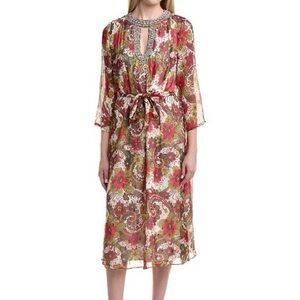 Flora Bea Red & Green Floral Midi Dress with Belt and sequined neckline